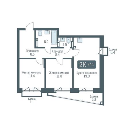 Планировка 2-комн 64,1 м²