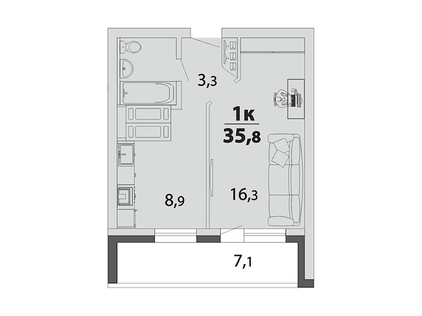 1-комнатная 35.8 кв.м