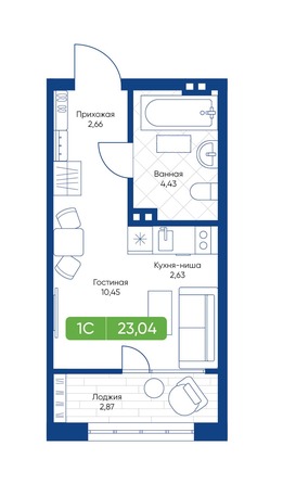 Планировка 1-комн 23,04 м²