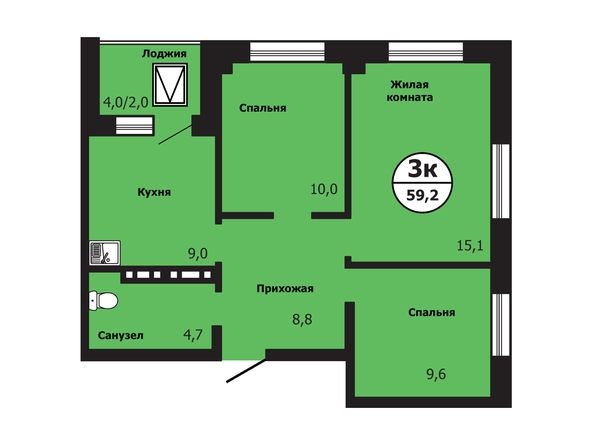 Планировка 3-комн 59,2, 59,4 м²