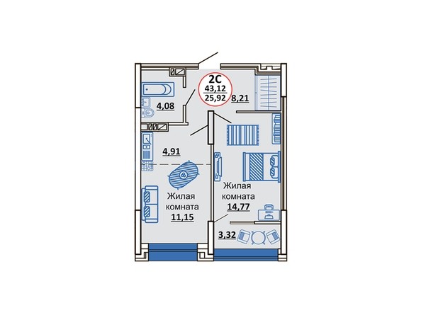 Планировка 2-комнатной квартиры 42,12 кв.м