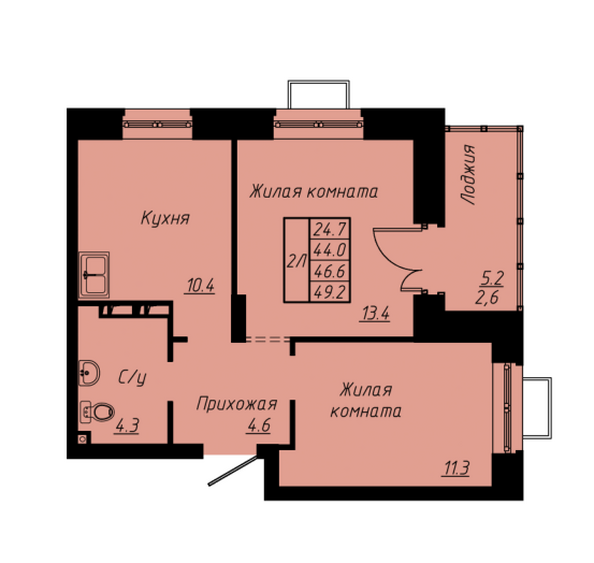 Планировка 2-комн 46,6 м²