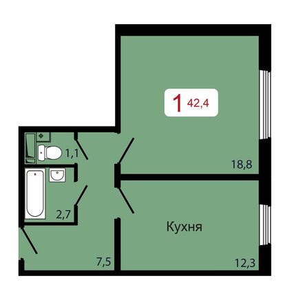 Планировка 1-комн 42,4 м²