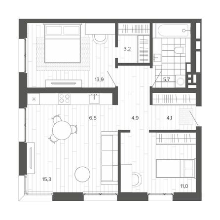 Планировка 3-комн 65,11 м²