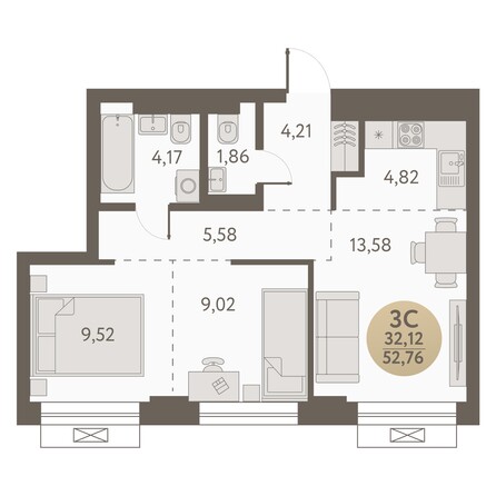 Планировка 3-комн 52,76 - 53,61 м²