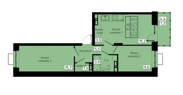 Планировка 3-комн 56 м²