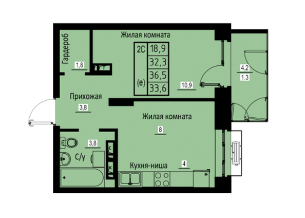 Планировка 2-комн 33,6 м²