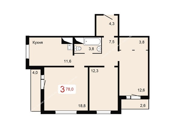 Планировка трехкомнатной квартиры 78,0 кв.м