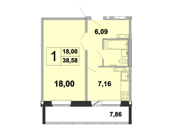 Планировка однокомнатной квартиры 38,58 кв.м
