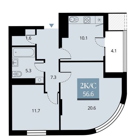 Планировка 2-комн 56,6 м²