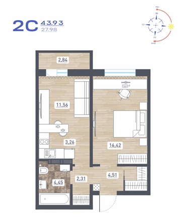 Планировка 2-комн 43,93 м²