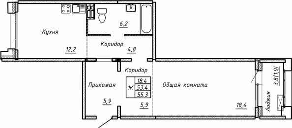 Планировка 1-комн 55,3 м²
