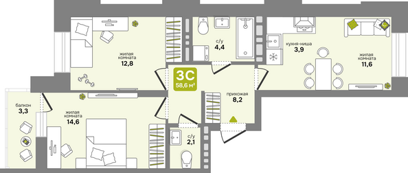 Планировка 3-комн 58,6 - 59,1 м²