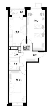 Планировка 2-комн 64,1, 65,7 м²
