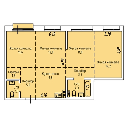 Планировка 3-комн 74,8 - 76,3 м²