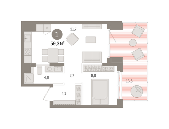 Планировка 1-комн 59,33 м²