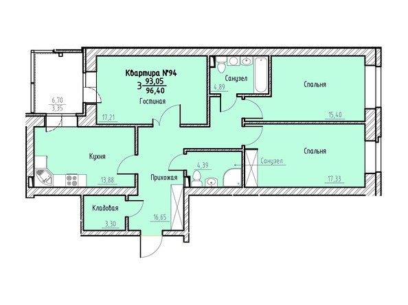 Планировка трехкомнатной квартиры 96,40 кв.м
