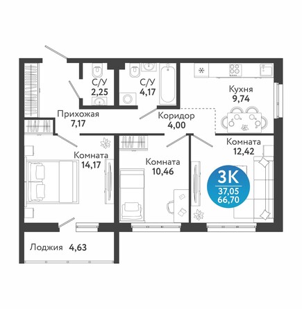 Планировка 3-комн 66,7 м²