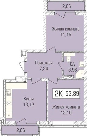 Планировка 2-комн 52,89 м²