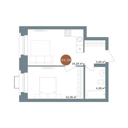 Планировка 1-комн 34 м²