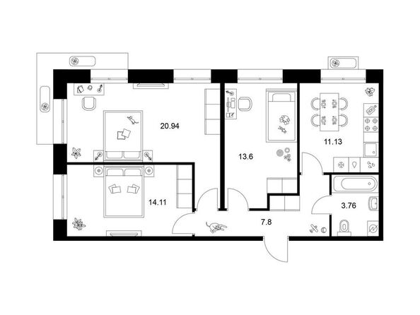 Планировка 3-комн 71,34 м²