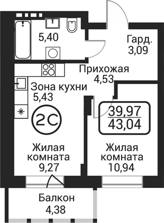 Планировка 2-комн 38,66 м²