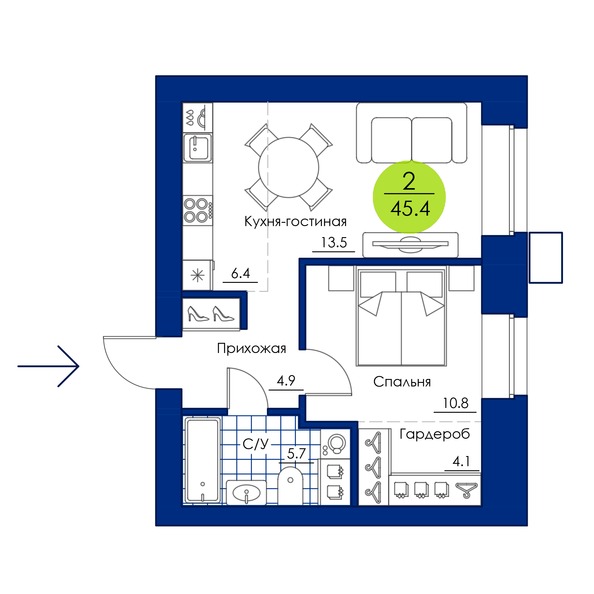 Планировка 2-комн 45,4 м²