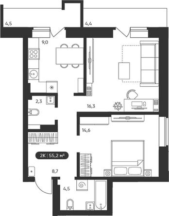 Планировка 2-комн 55,2 м²