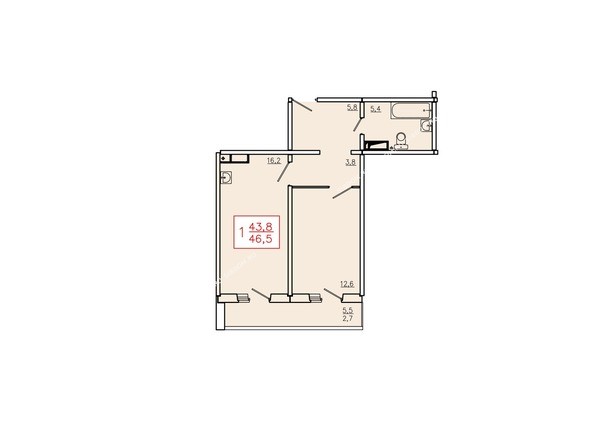 Планировка однокомнатной квартиры 46,5 кв.м. Этажи 2-9