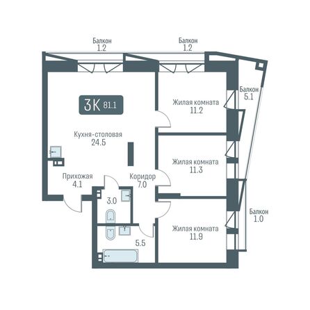 Планировка 3-комн 81,1 м²