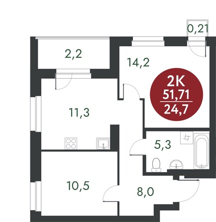 Планировка 2-комн 51,71 м²