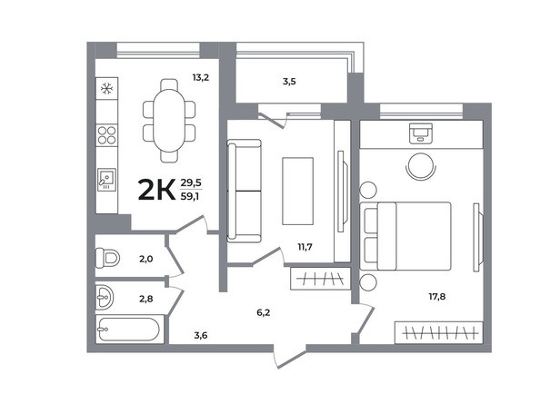 Планировка 2-комн 59, 59,1 м²