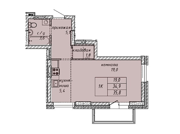 Планировка 1-комн 35,8 м²