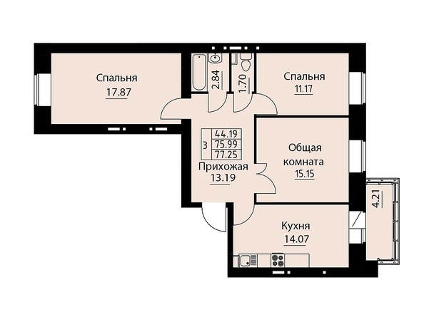 Планировка трехкомнатной квартиры 77,25 кв.м