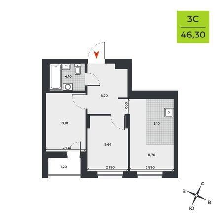 Планировка 3-комн 46,3 м²