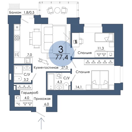 Планировка 3-комн 77,4 м²