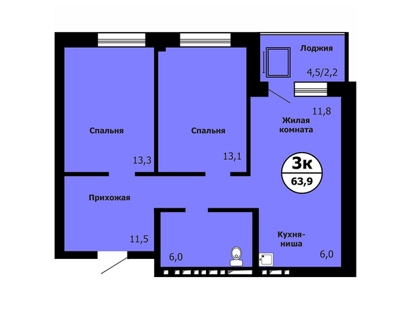 Типовая планировка 3-комнатной квартиры 63,9 кв.м
