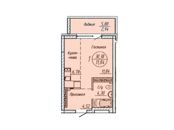 Планировка 1-комнатной квартиры 30,38 кв.м