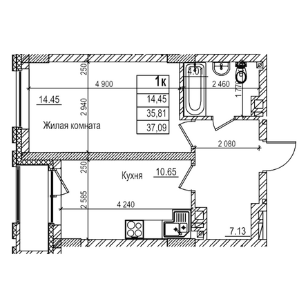 Планировка 1-комн 35,8 м²