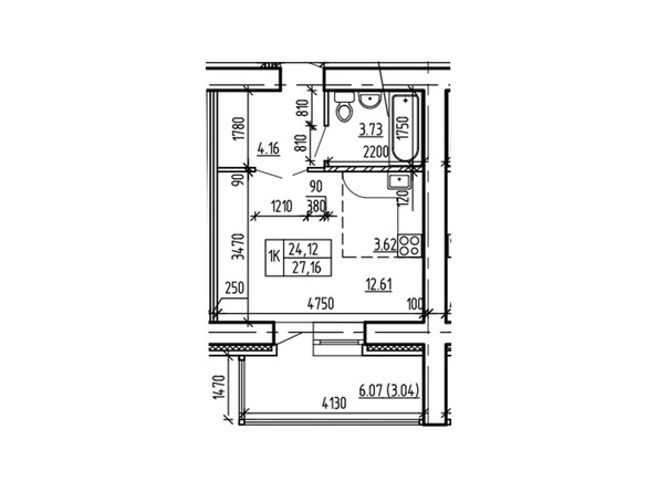 Планировка однокомнатной квартиры 27,16 кв.м
