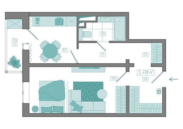 Планировка 1-комн 41,8 м²