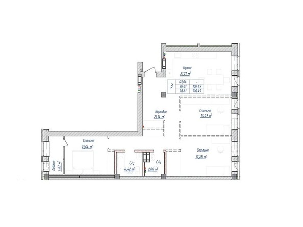 Планировка 3-комн 98, 98,61 м²