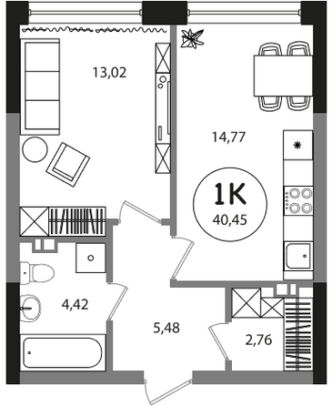 Планировка 1-комн 40,45 м²