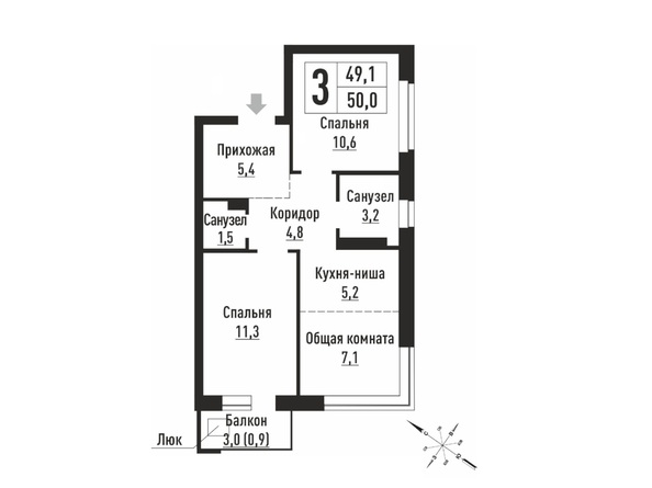 Планировка 3-комн 49,1, 50 м²