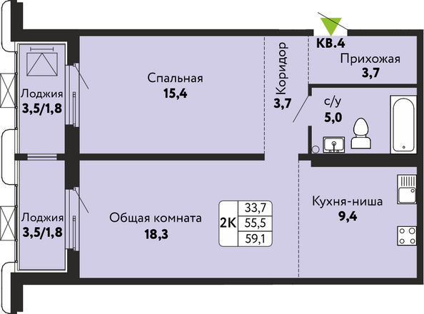 Планировка 2-комн 59,1, 59,2 м²