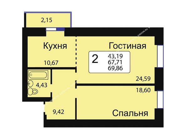Б/С - 13. Планировка двухкомнатной квартиры 69,86 кв.м. Этажи 10-16.