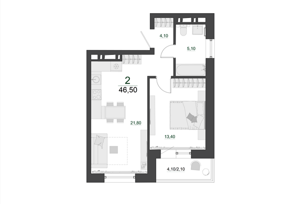 Планировка 1-комн 46,5 м²