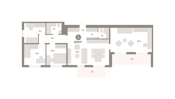 Планировка 3-комн 124,61 м²
