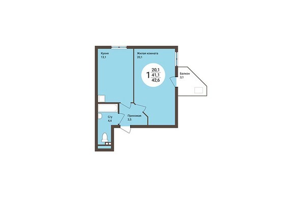 Планировка 1-комнатной квартиры 42,6кв.м