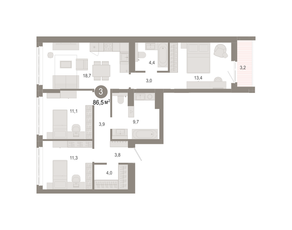 Планировка 3-комн 86,5, 86,63 м²